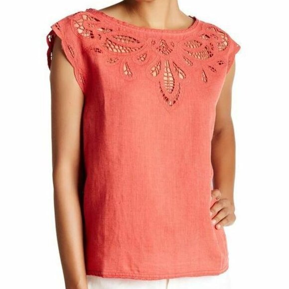 Joie Eyelet Cotton Linen Top Womens Small Coral Short Sleeve Lace Kinski Summer - Picture 6 of 10